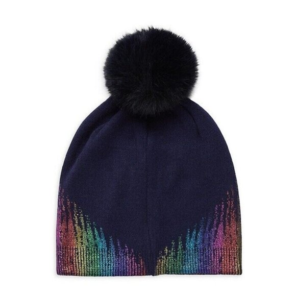ADRIENNE LANDAU Navy Blue Metallic Rainbow Faux Fur Pom Pom Beanie Hat - Picture 2 of 2